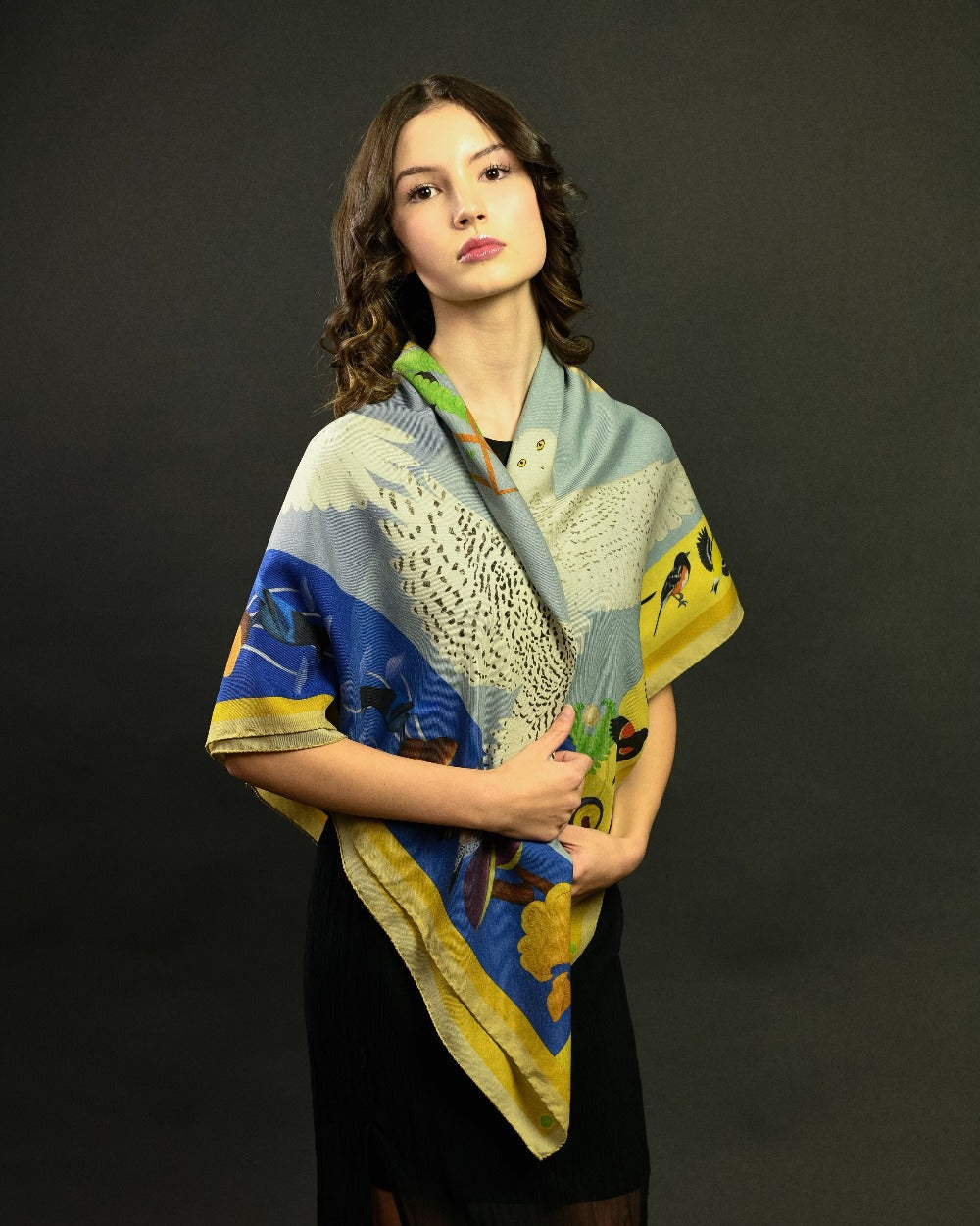 Misheo Snowy Owls Blueberry Mustard Wool Silk Scarf