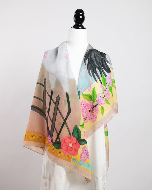 Red Crowned Cranes Cherry Lemon Scarf