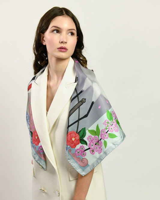 Red Crowned Cranes Cherry Sky Luxury Art Scarf