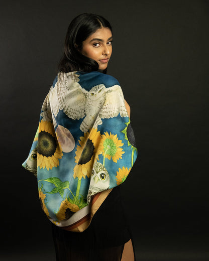 Burrowing Owls and Sunflowers Wool/Silk Blend Scarf