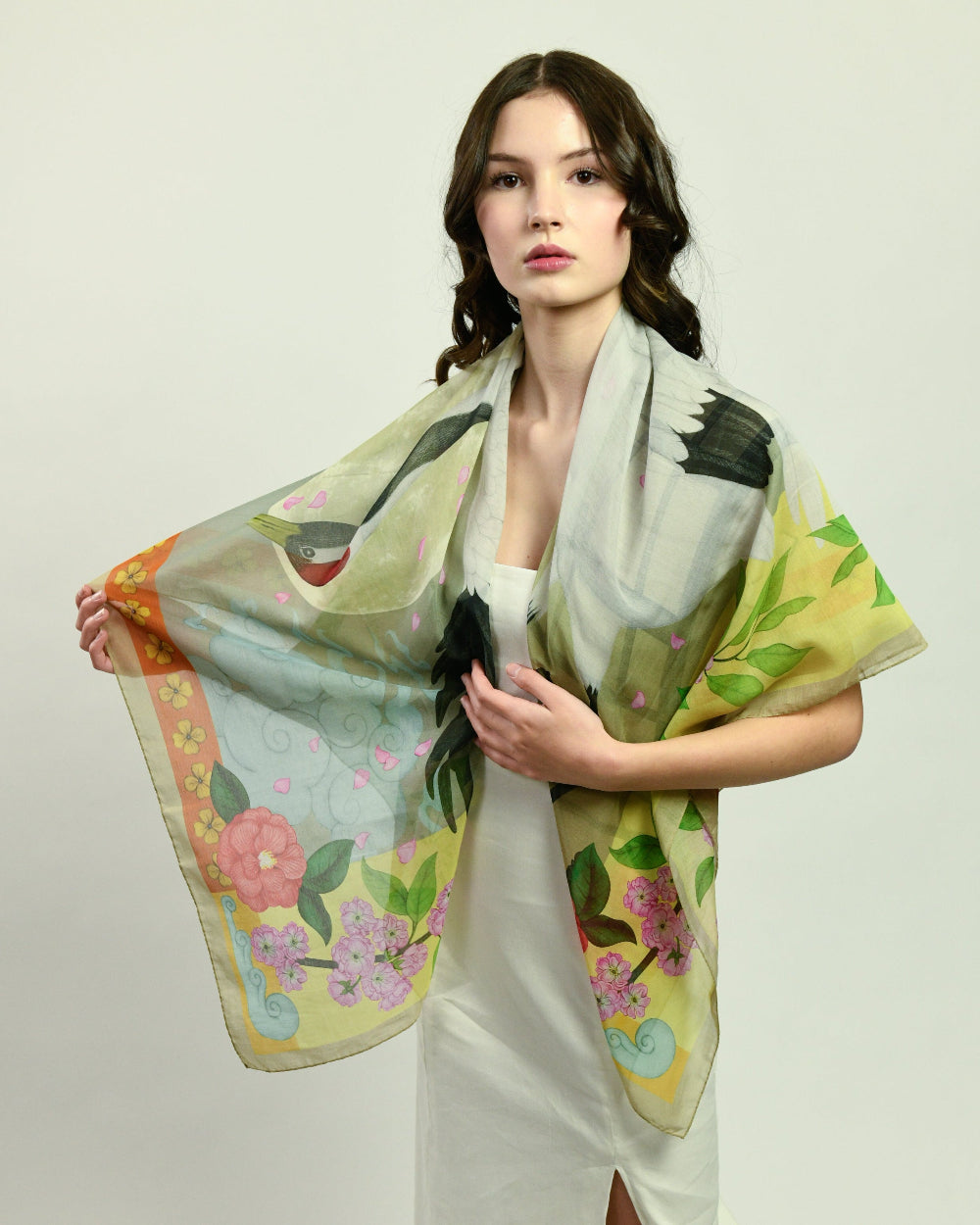 Red Crowned Cranes Cherry Lemon Scarf