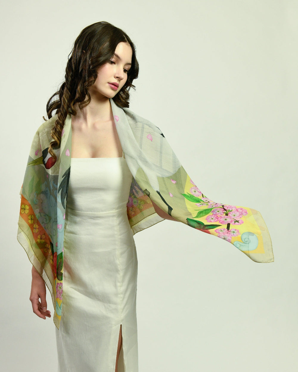 Red Crowned Cranes Cherry Lemon Scarf