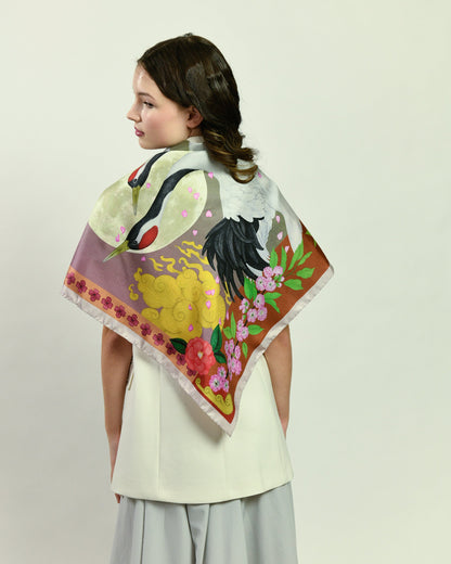 Red Crowned Cranes Cherry Terracotta Silk Scarf