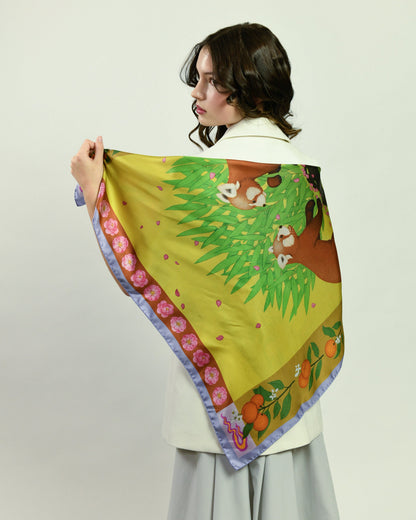 Red Pandas Citrus Mustard Luxury Art Scarf