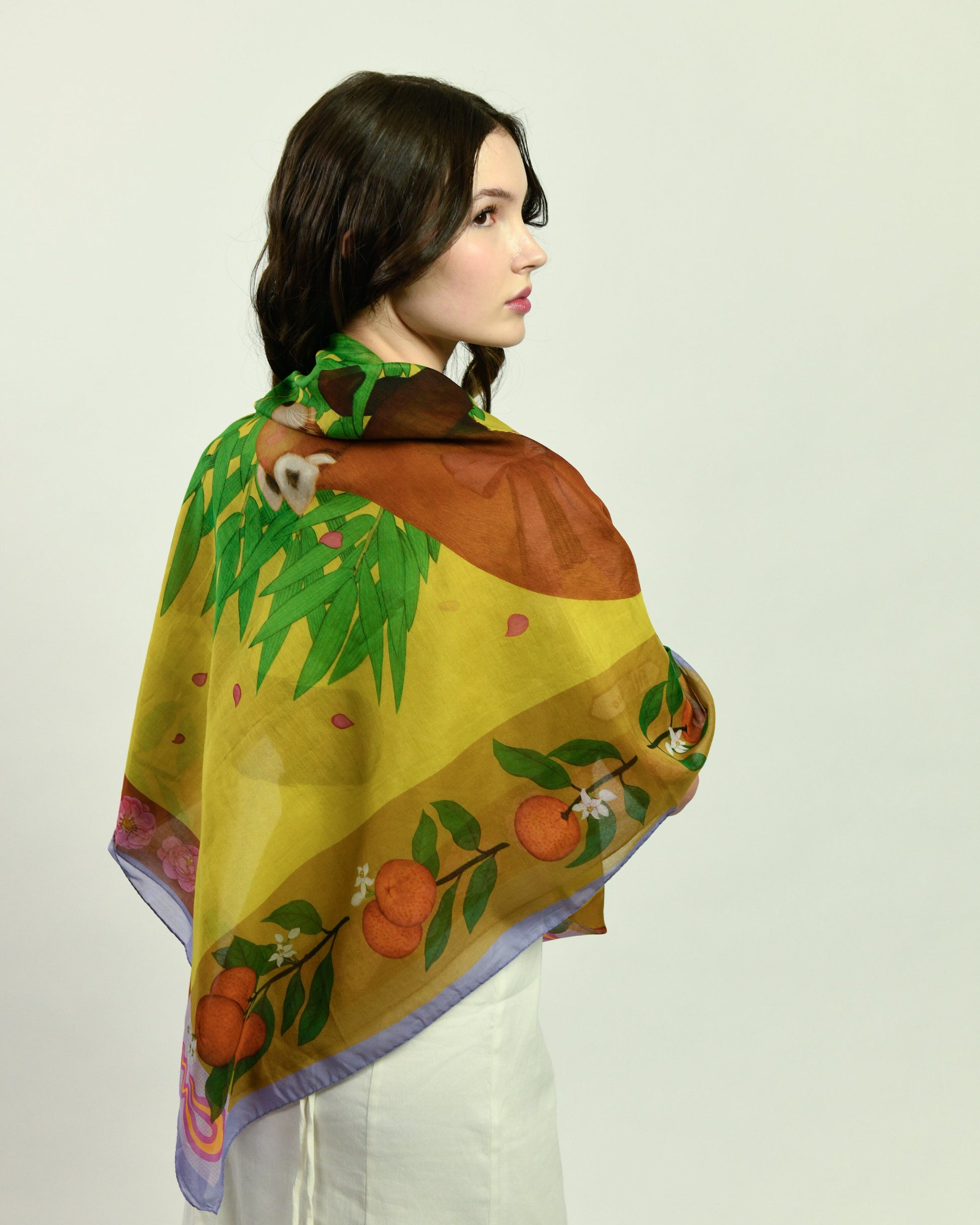 Red Pandas Citrus Mustard Silk Cotton Scarf