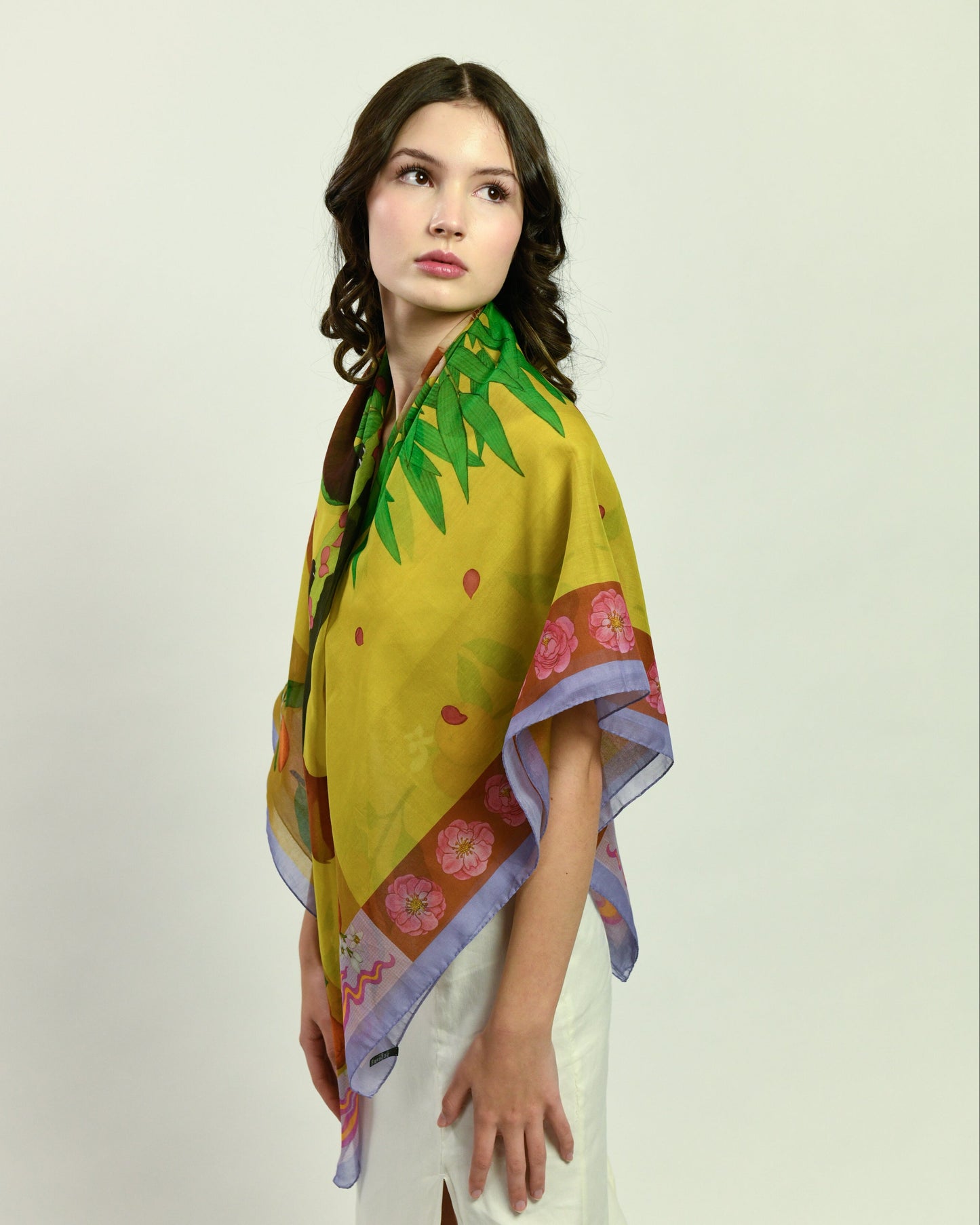 Red Pandas Citrus Mustard Silk Cotton Scarf
