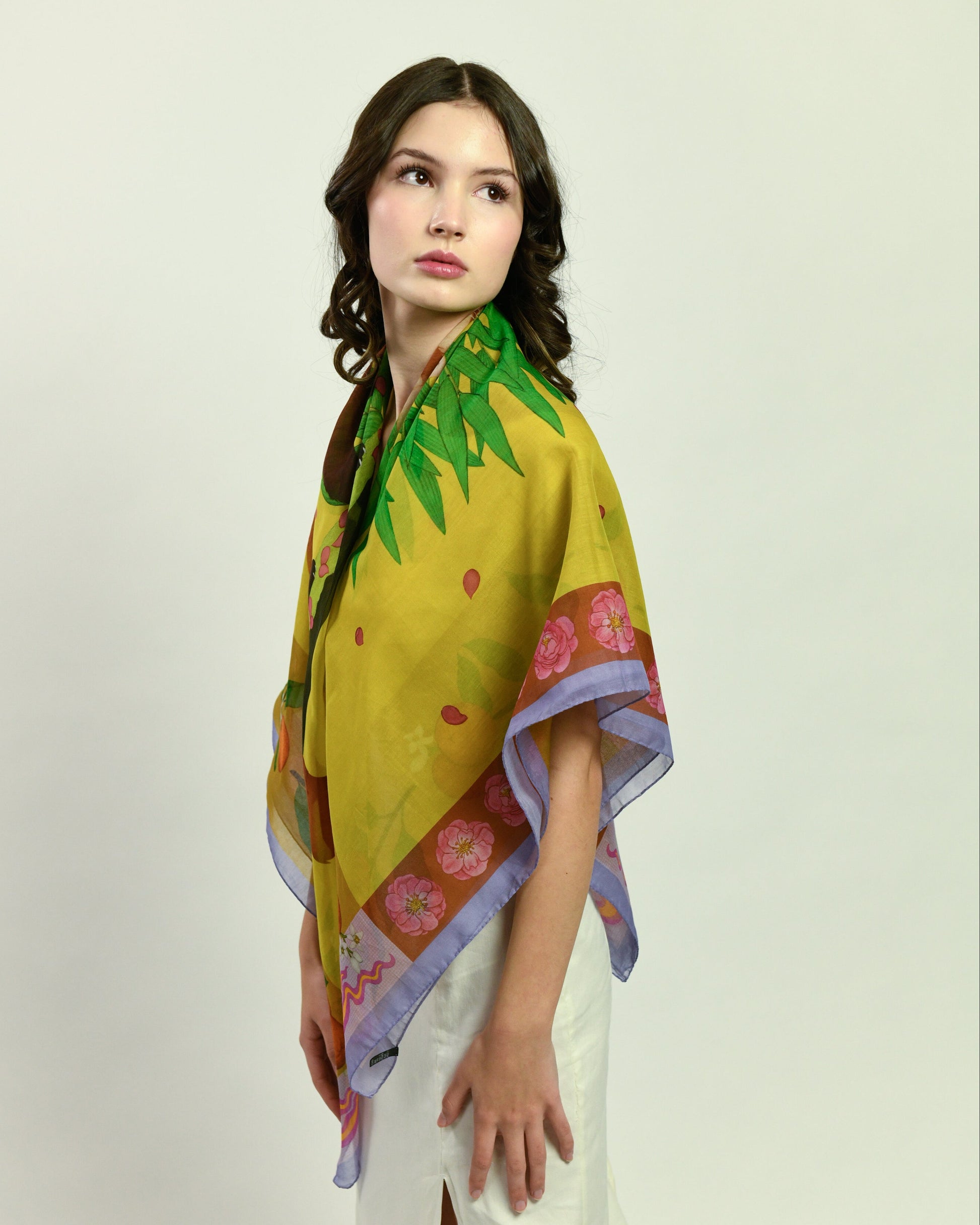 Red Pandas Citrus Mustard Silk Cotton Scarf