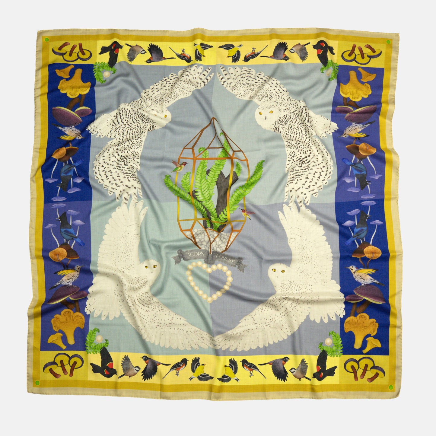 Snowy Owls (Blueberry Mustard) Wool/Silk Blend Scarf