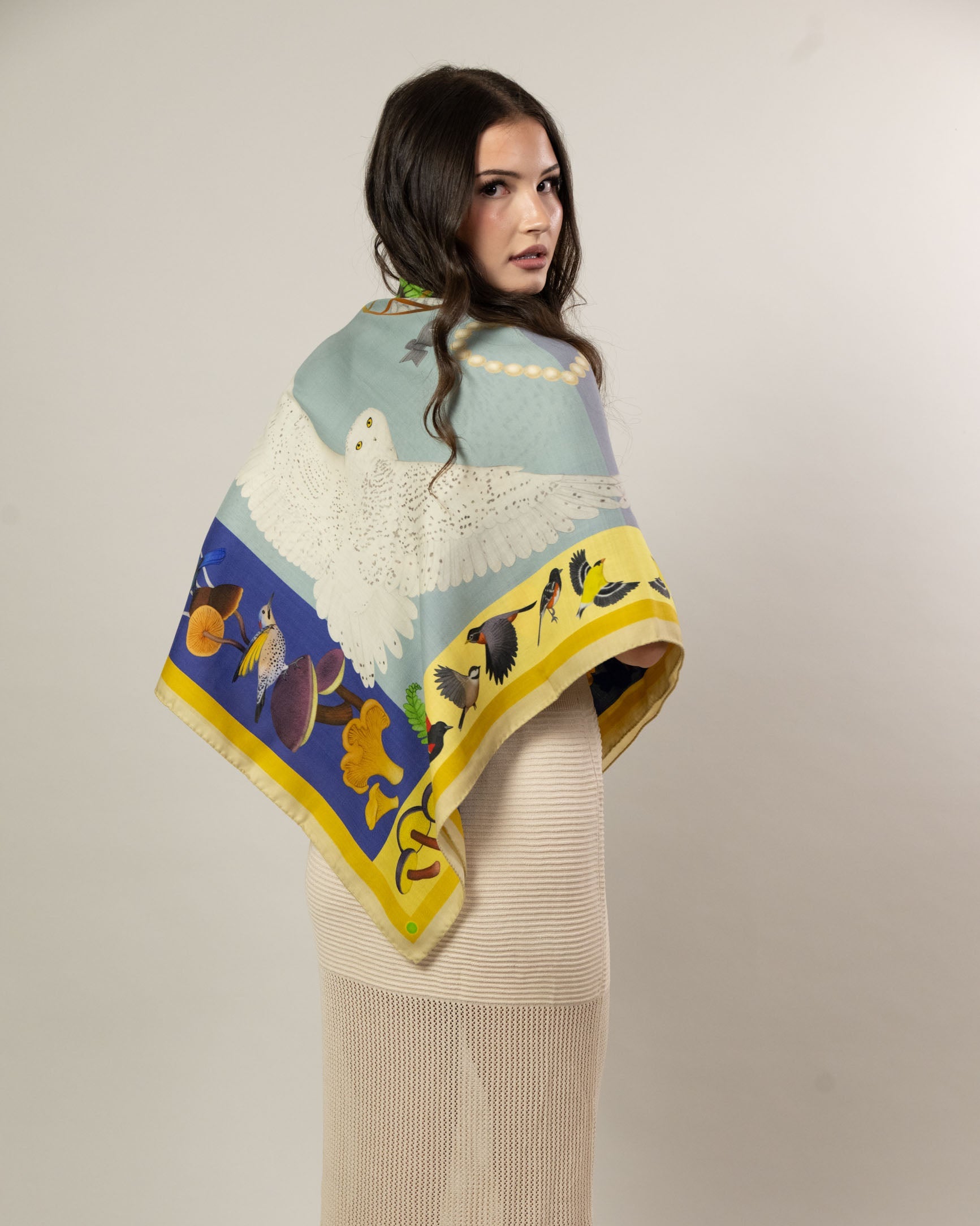 Snowy Owls (Blueberry Mustard) Wool/Silk Blend Scarf