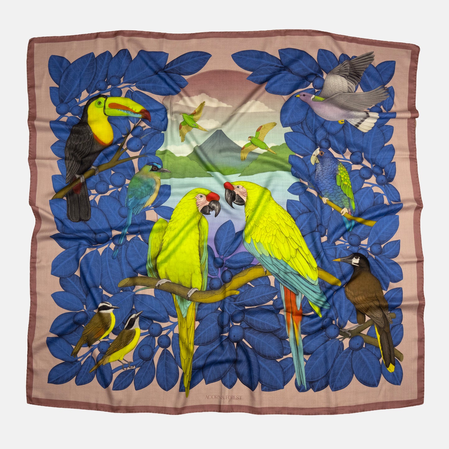 The Great Green Macaws (Dusty Pink) Wool/Silk Blend Scarf