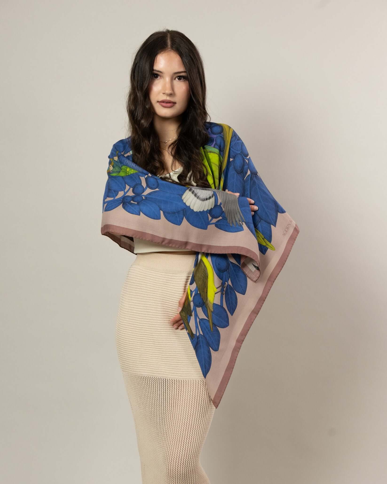 The Great Green Macaws (Dusty Pink) Wool/Silk Blend Scarf