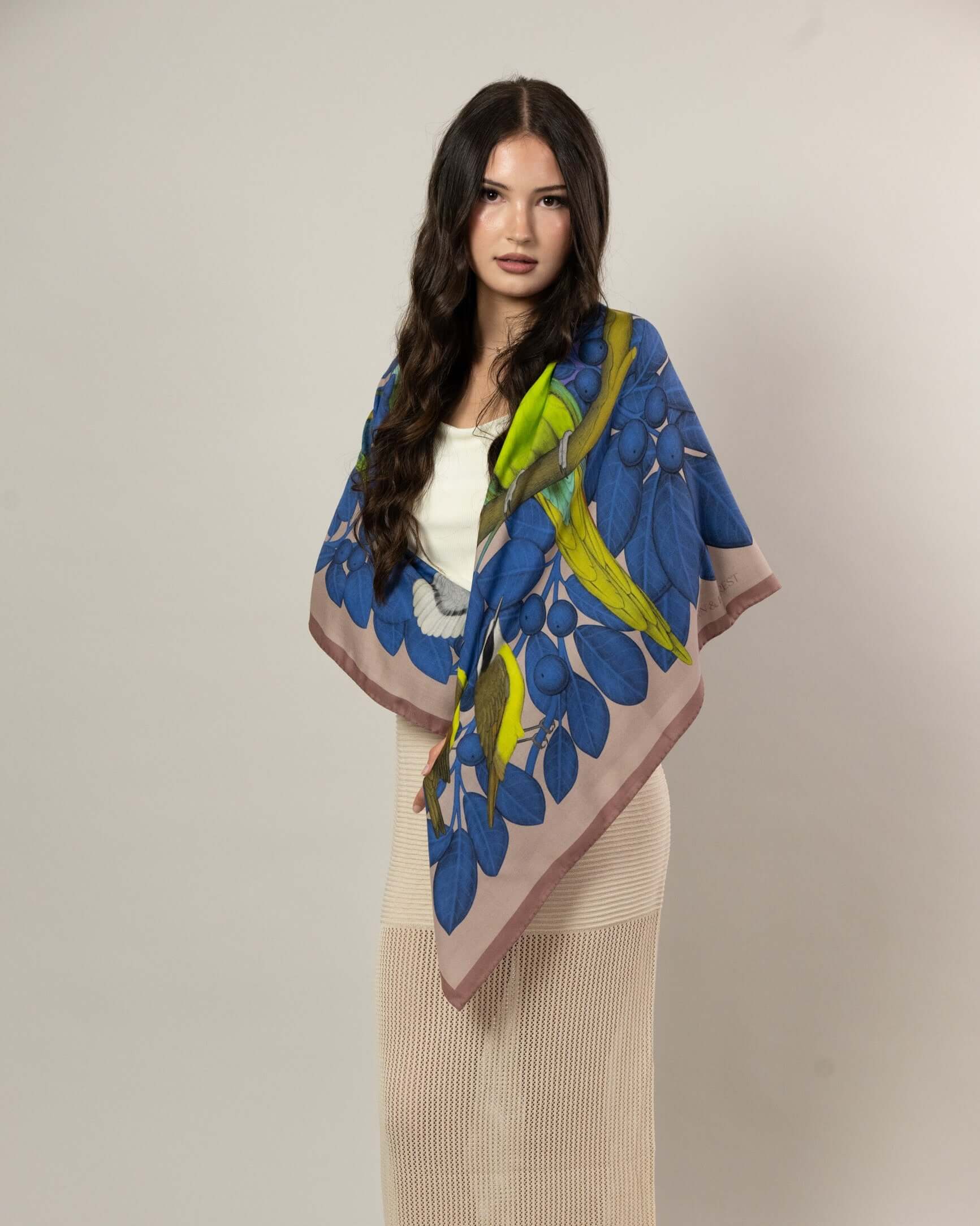 The Great Green Macaws (Dusty Pink) Wool/Silk Blend Scarf
