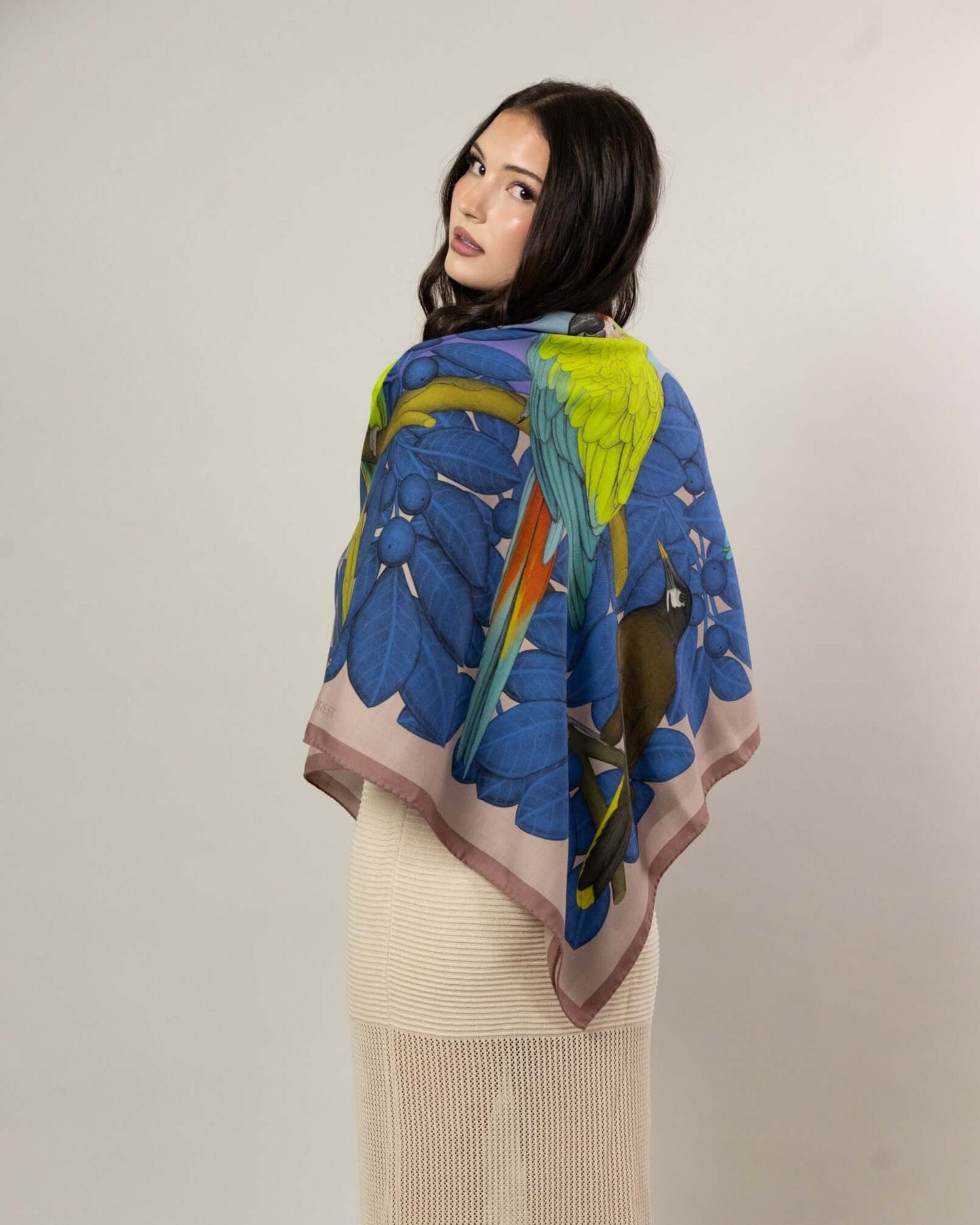 The Great Green Macaws (Dusty Pink) Wool/Silk Blend Scarf