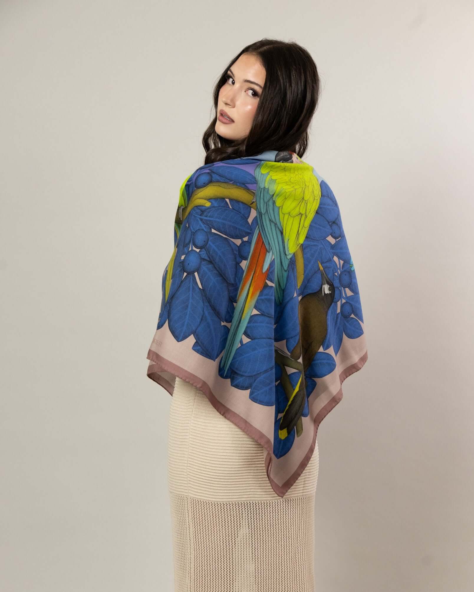 The Great Green Macaws (Dusty Pink) Wool/Silk Blend Scarf