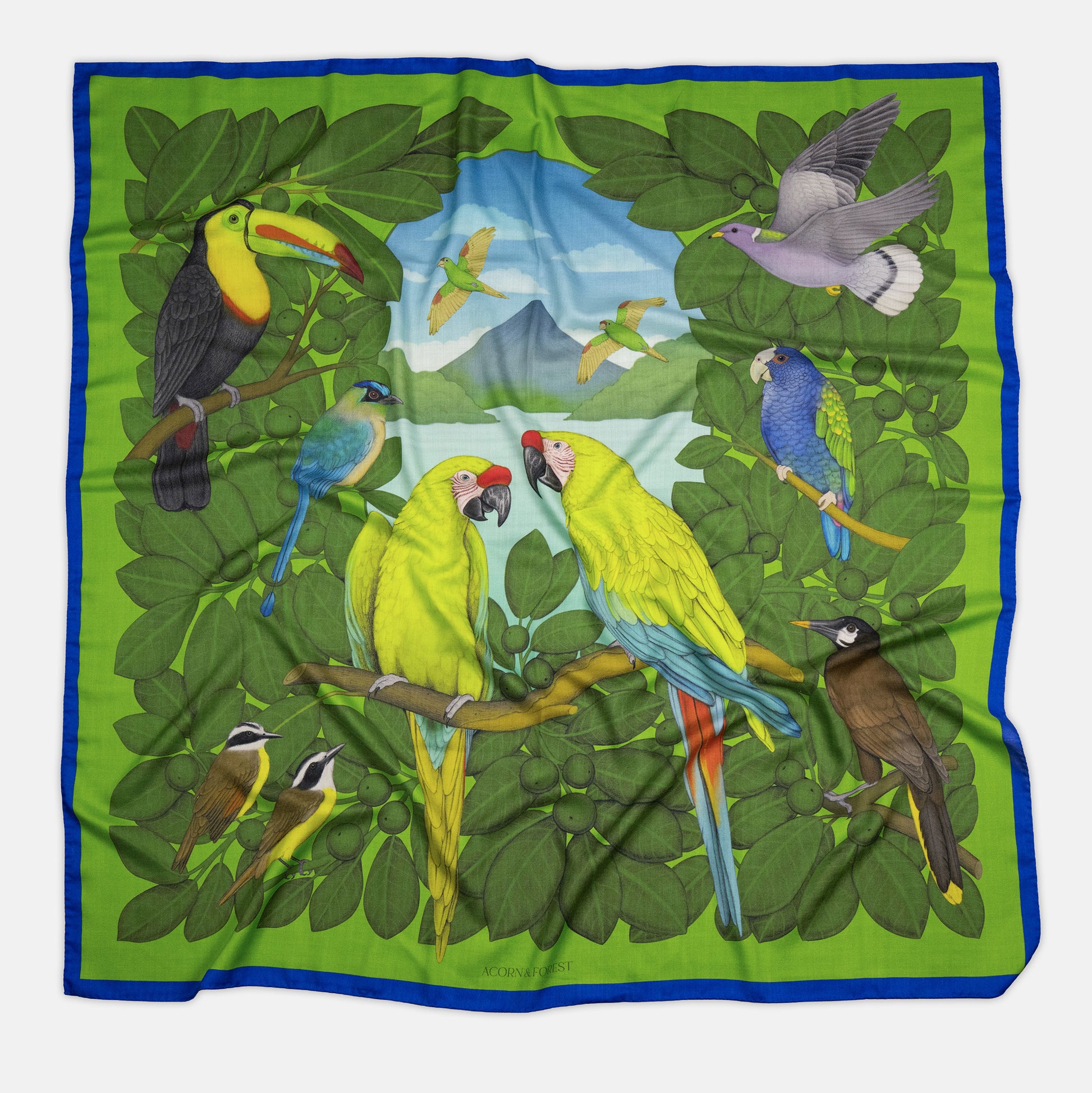 The Great Green Macaws (Forest Moss) Wool/Silk Blend Scarf