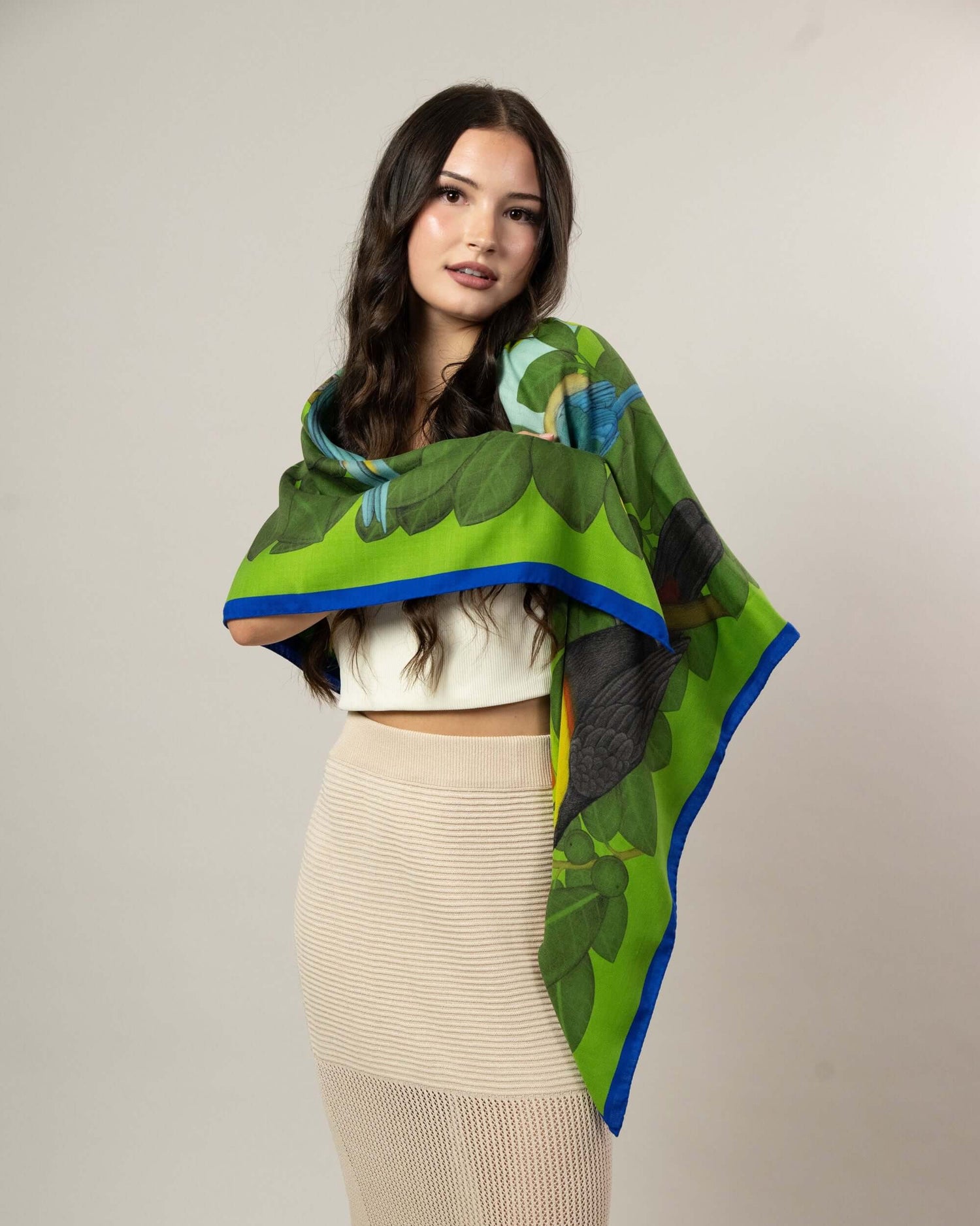 The Great Green Macaws (Forest Moss) Wool/Silk Blend Scarf