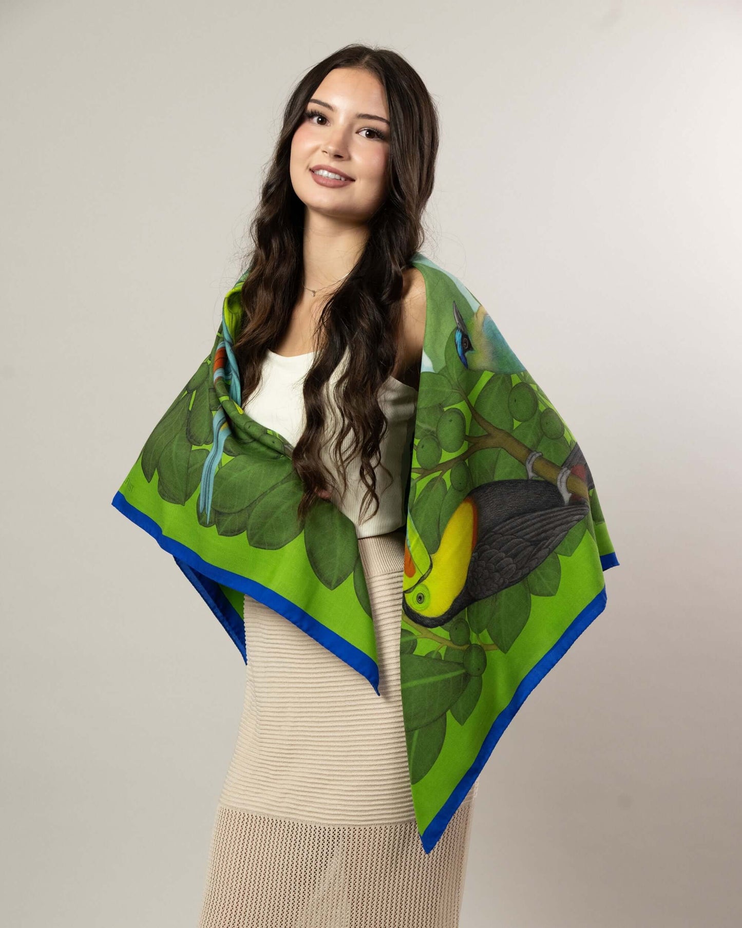 The Great Green Macaws (Forest Moss) Wool/Silk Blend Scarf