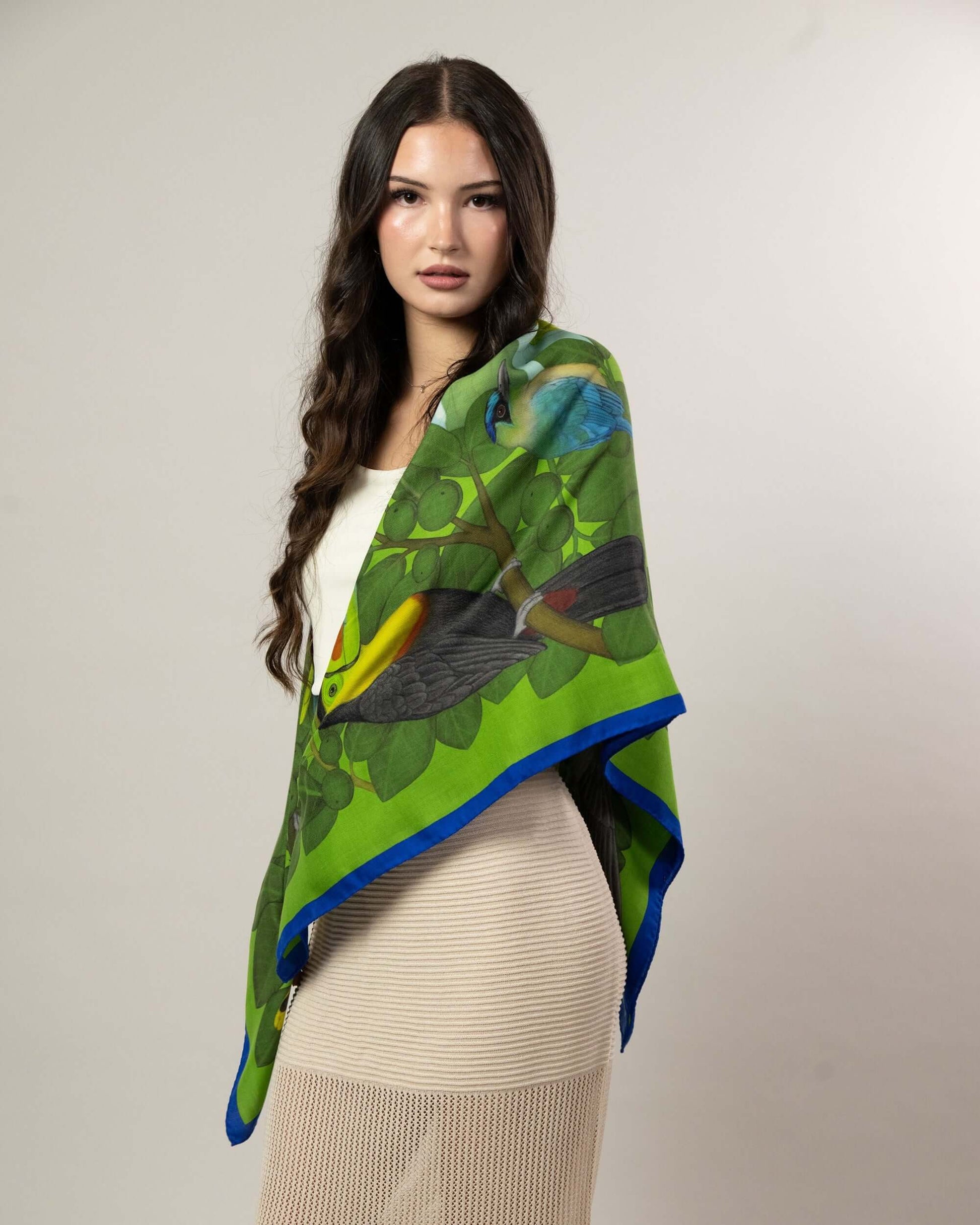 The Great Green Macaws (Forest Moss) Wool/Silk Blend Scarf