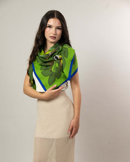 The Great Green Macaws (Forest Moss) Wool/Silk Blend Scarf
