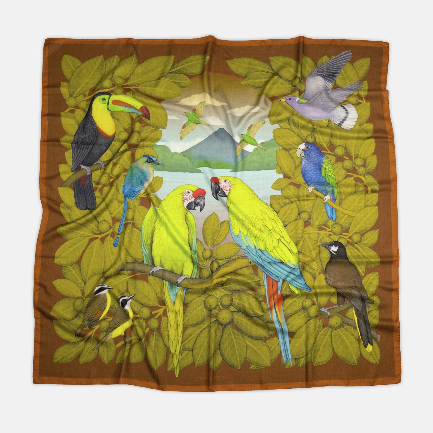 The Great Green Macaws (Olive Terracotta) Wool/Silk Blend Scarf
