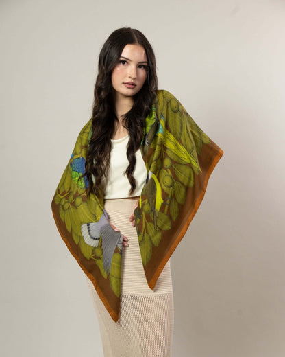 The Great Green Macaws (Olive Terracotta) Wool/Silk Blend Scarf
