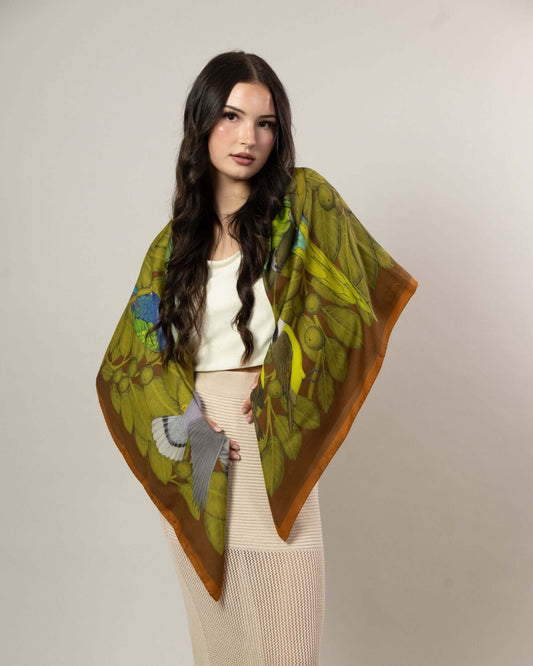 The Great Green Macaws (Olive Terracotta) Wool/Silk Blend Scarf