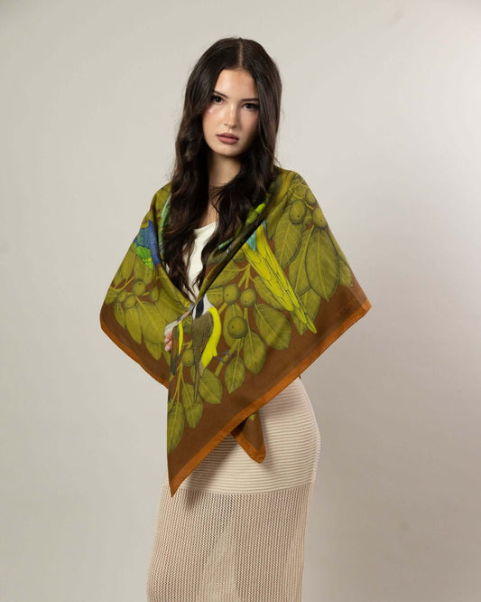 The Great Green Macaws (Olive Terracotta) Wool/Silk Blend Scarf