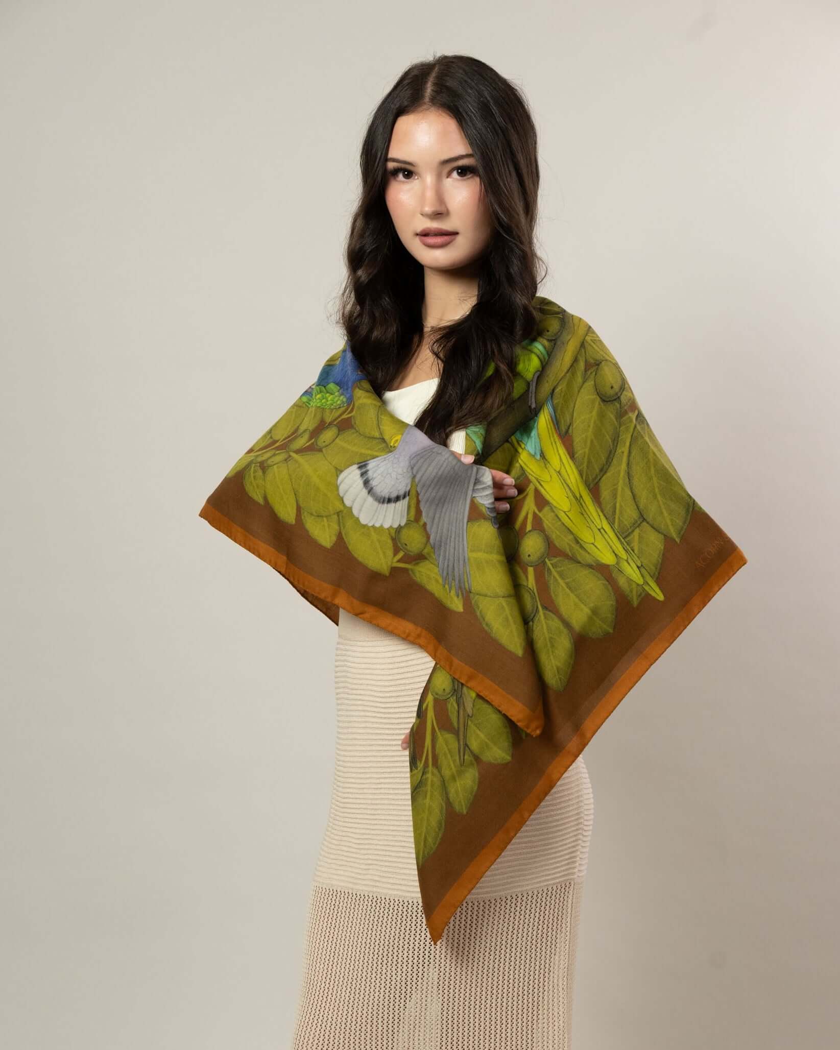 The Great Green Macaws (Olive Terracotta) Wool/Silk Blend Scarf