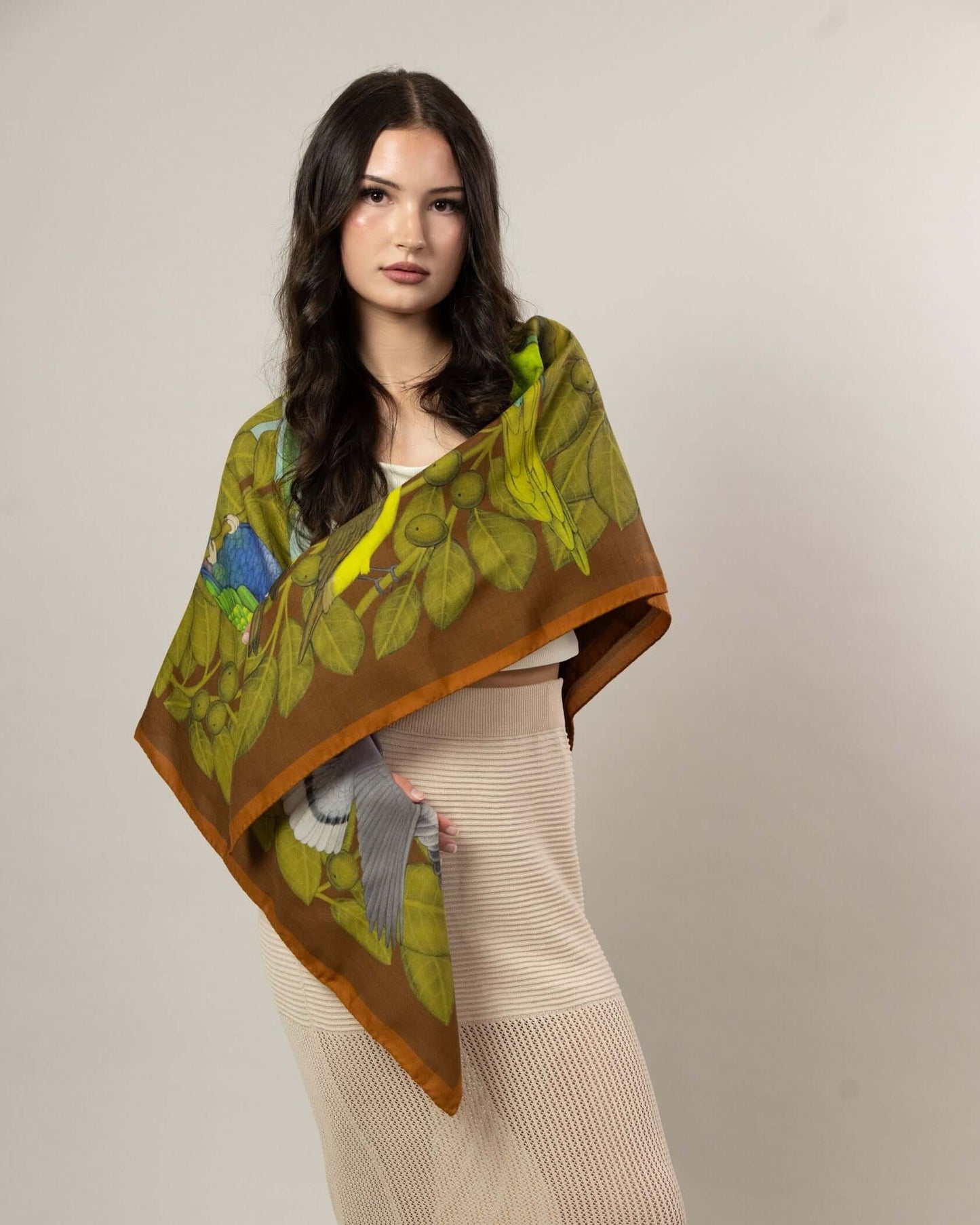 The Great Green Macaws (Olive Terracotta) Wool/Silk Blend Scarf