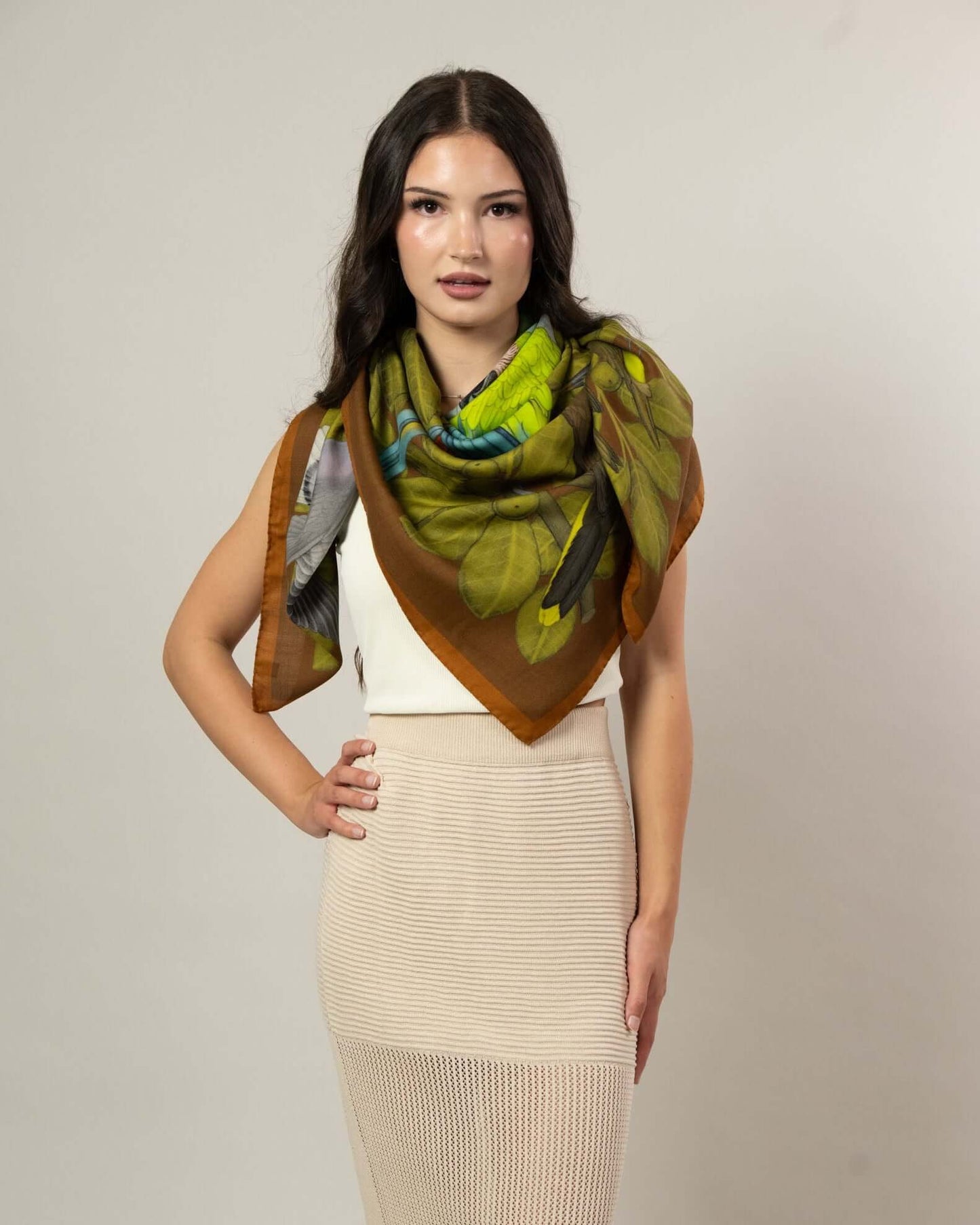 The Great Green Macaws (Olive Terracotta) Wool/Silk Blend Scarf