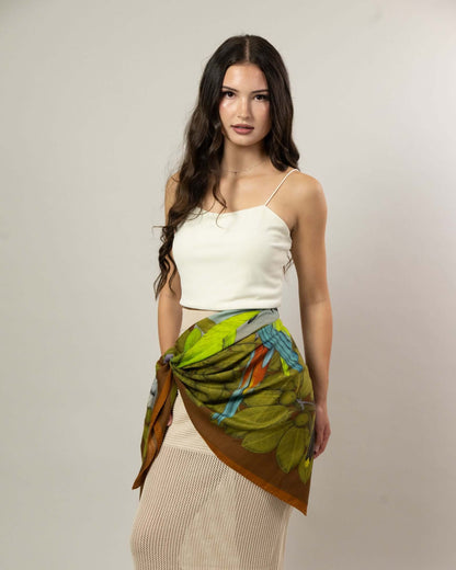 The Great Green Macaws (Olive Terracotta) Wool/Silk Blend Scarf