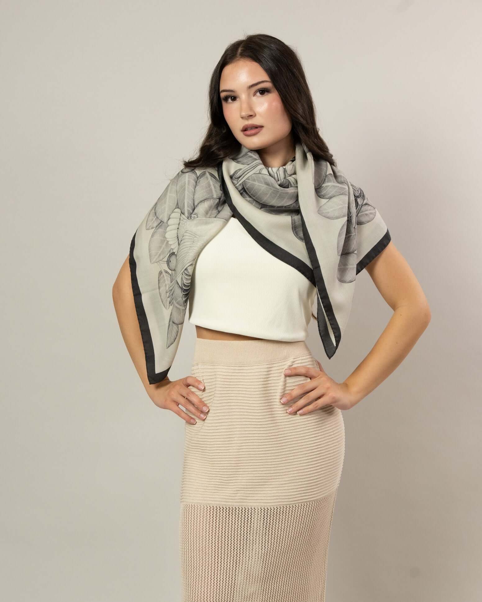 The Great Green Macaws (Stone Grey) Wool/Silk Blend Scarf