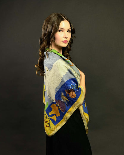 Misheo Snowy Owls Blueberry Mustard Wool Silk Scarf