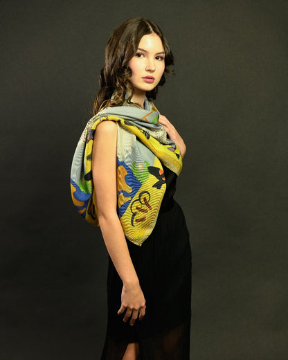 Misheo Snowy Owls Blueberry Mustard Wool Silk Scarf