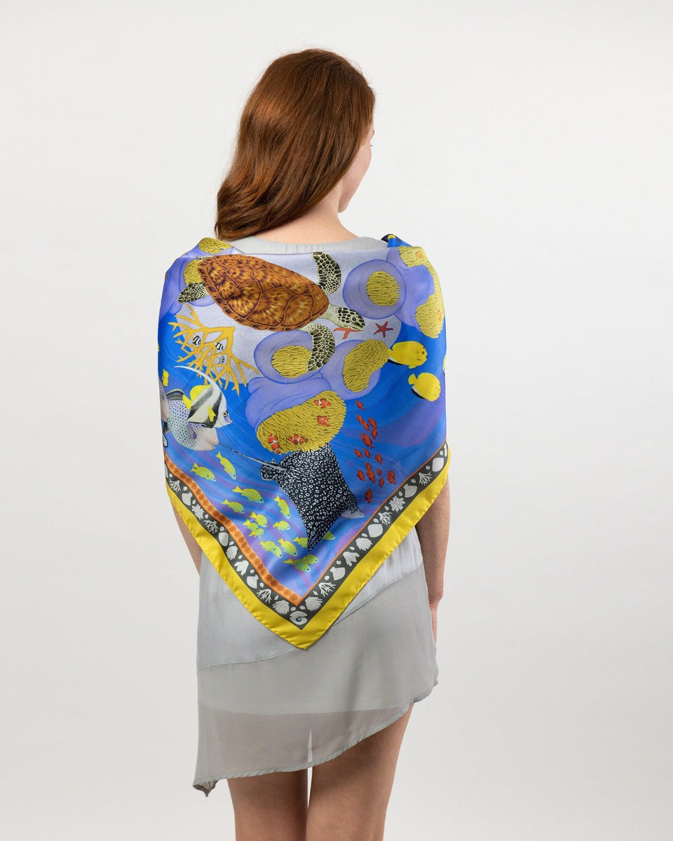 Island Life: Beneath the Water Silk Square Scarf Blue & Yellow