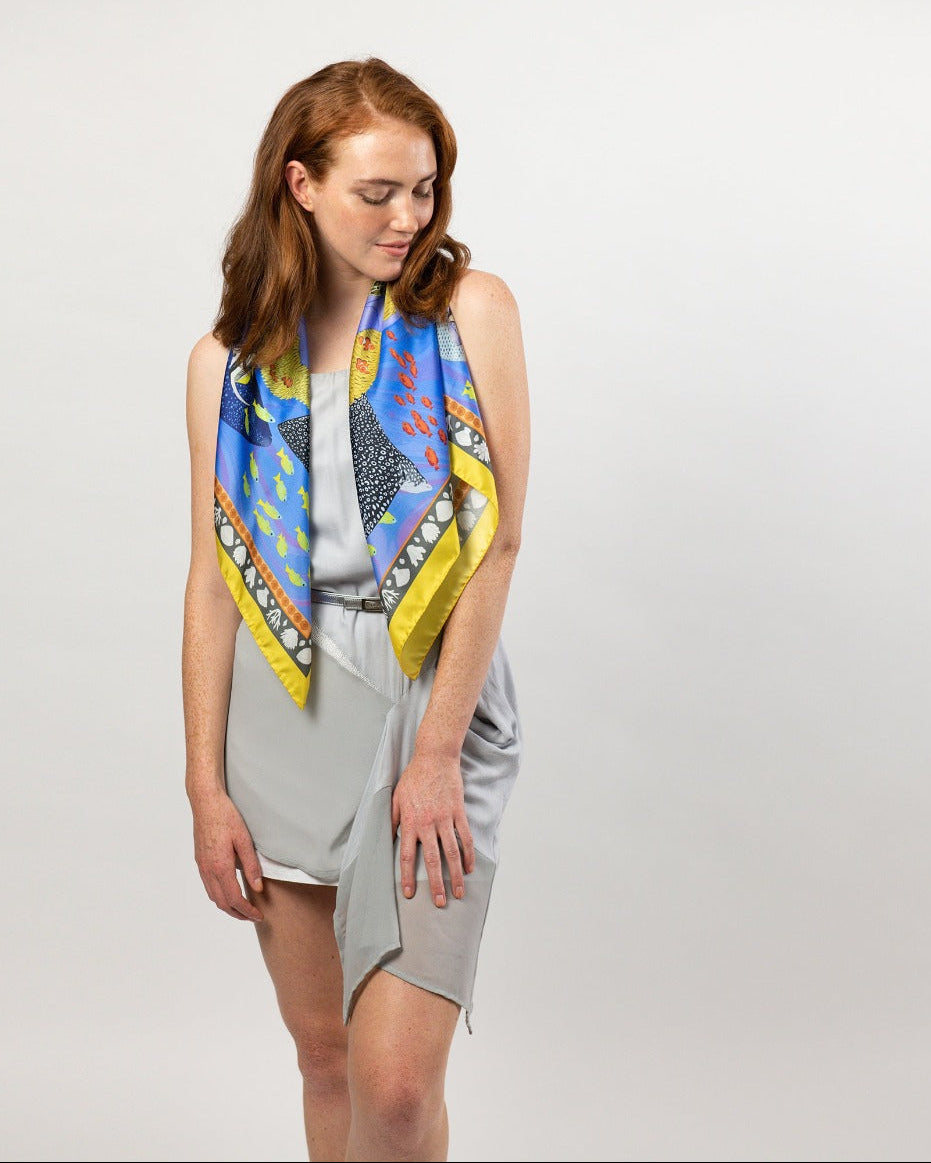 Island Life: Beneath the Water Silk Square Scarf Blue & Yellow