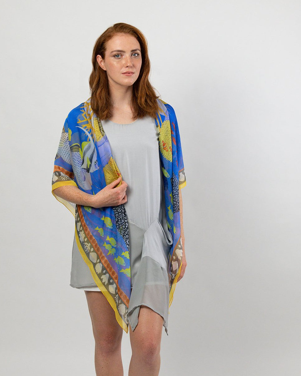 Island Life: Beneath the Water Silk Chiffon Square Scarf Blue & Yellow