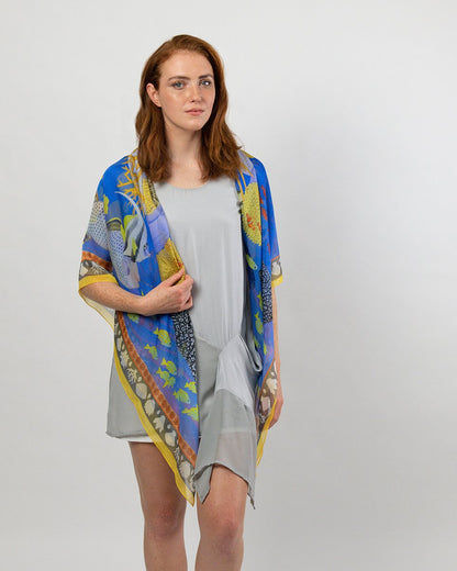 Island Life: Beneath the Water Silk Chiffon Square Scarf Blue & Yellow