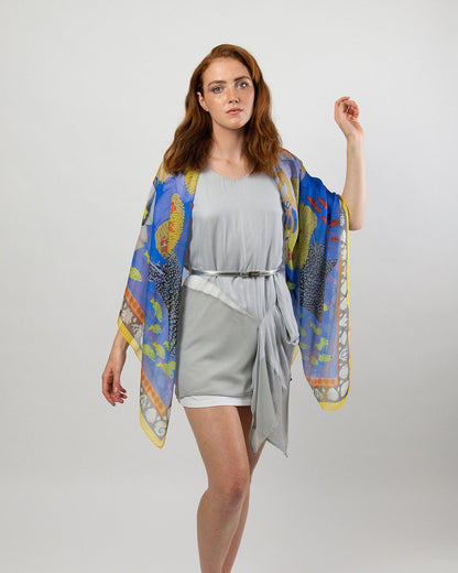 Island Life: Beneath the Water Silk Chiffon Square Scarf Blue & Yellow