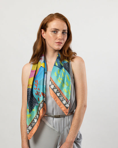 Island Life: Beneath the Water Silk Square Scarf Teal & Coral