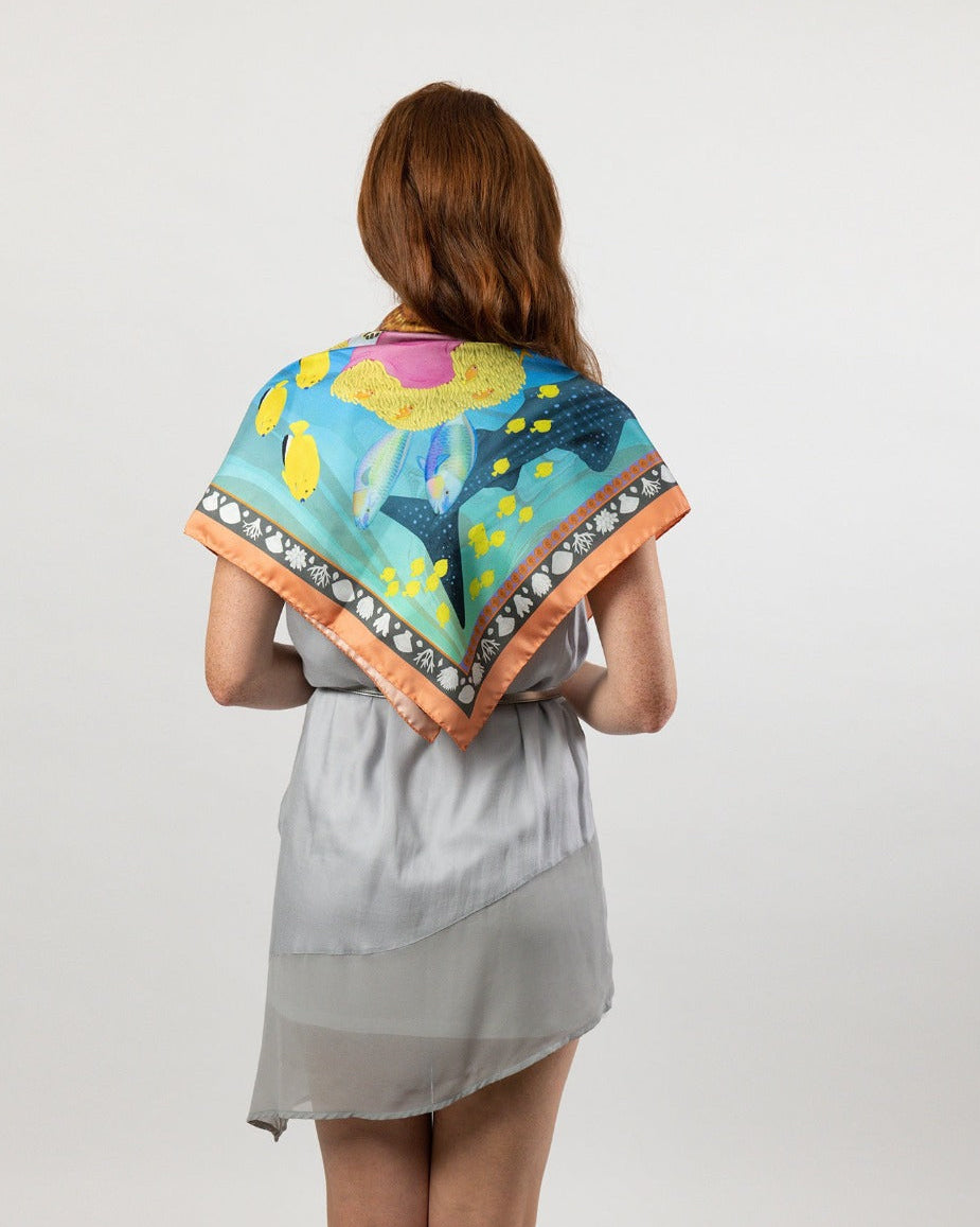 Island Life: Beneath the Water Silk Square Scarf Teal & Coral