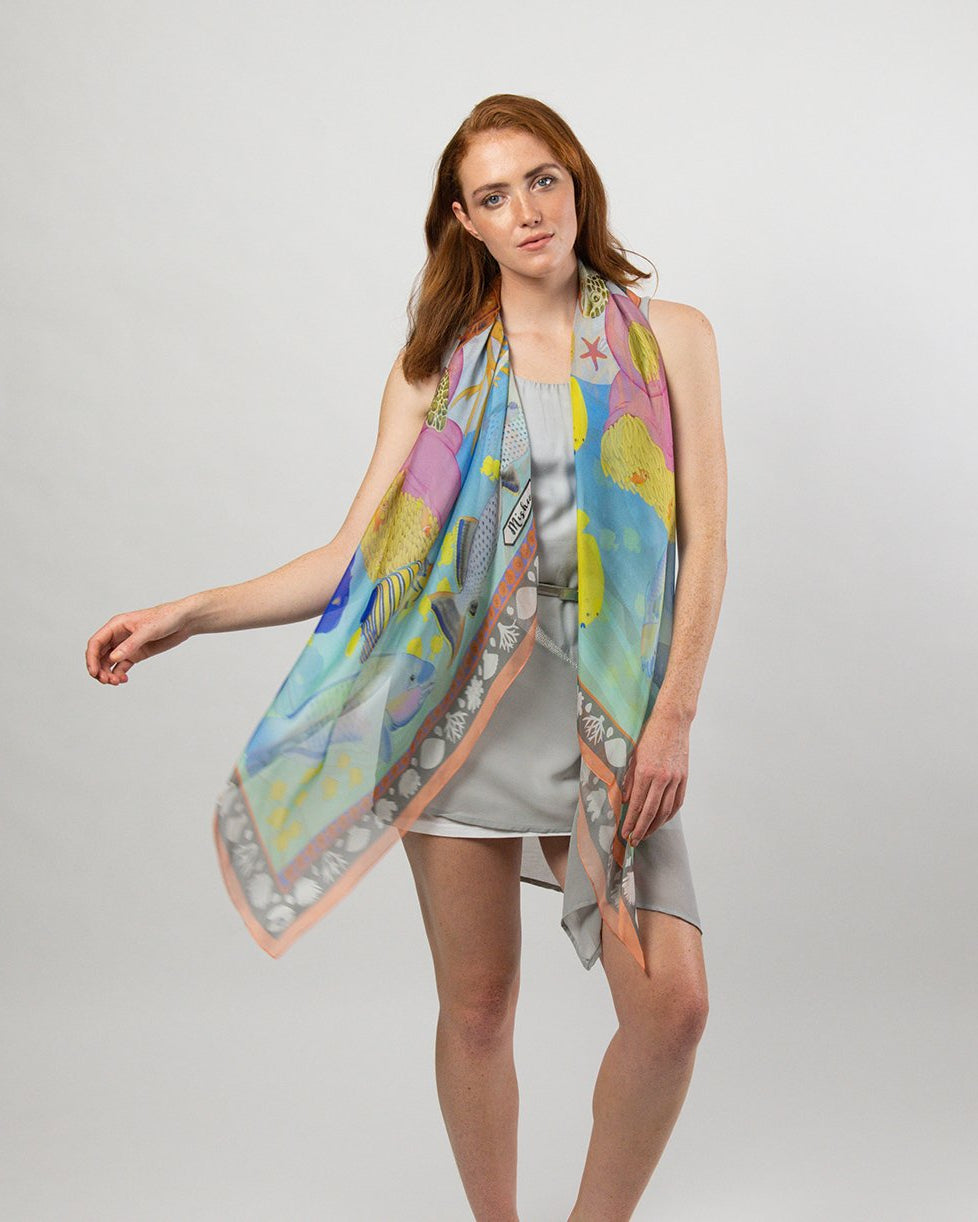 Island Life: Beneath the Water Silk Square Scarf Teal & Coral