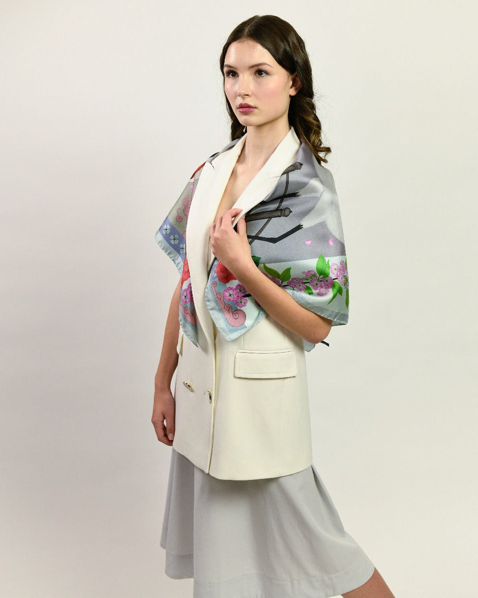 Red Crowned Cranes Cherry Sky Luxury Art Scarf