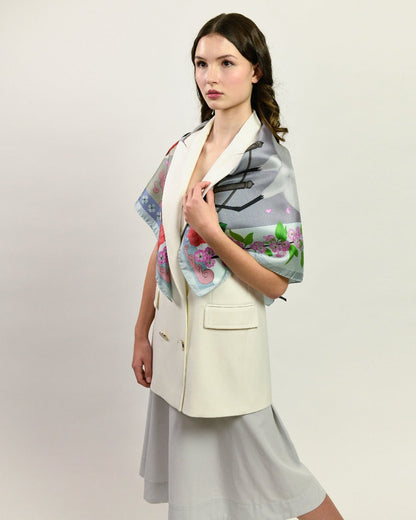 Red Crowned Cranes Cherry Sky Luxury Art Scarf