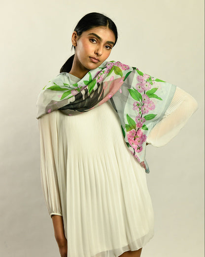 Red Crowned Cranes Cherry Sky Silk Cotton Art Scarf
