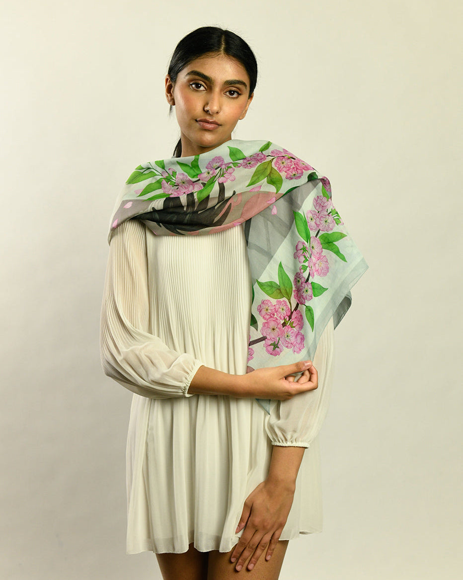 Red Crowned Cranes Cherry Sky Silk Cotton Art Scarf