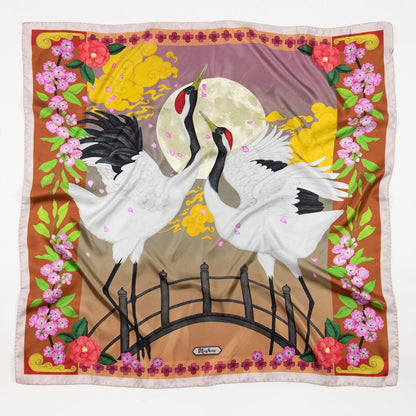 Red Crowned Cranes Cherry Terracotta Luxury Art Scarf