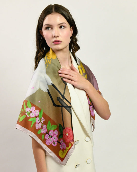 Red Crowned Cranes Cherry Terracotta Luxury Art Scarf