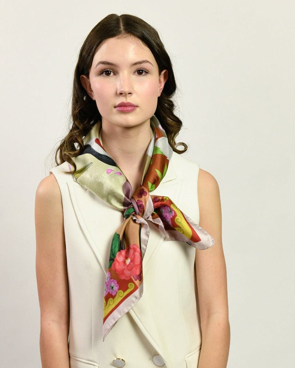 Red Crowned Cranes Cherry Terracotta Luxury Art Scarf