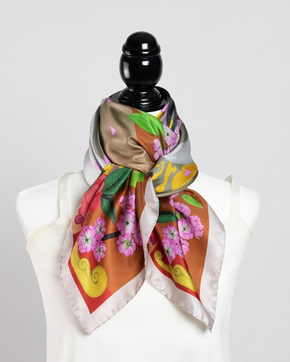 Red Crowned Cranes Cherry Terracotta Luxury Art Scarf